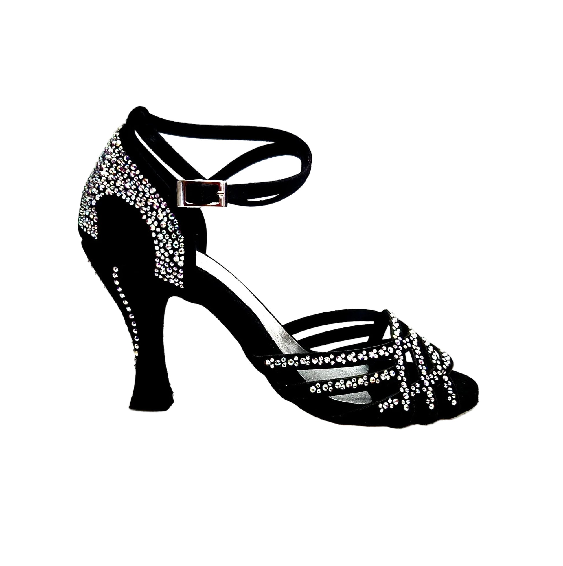 Scarpe da ballo Wish Dance Shop Anita QB Marea L143 in raso seta nero con Swarovski, cinturino incrociato e tacco a rocchetto.