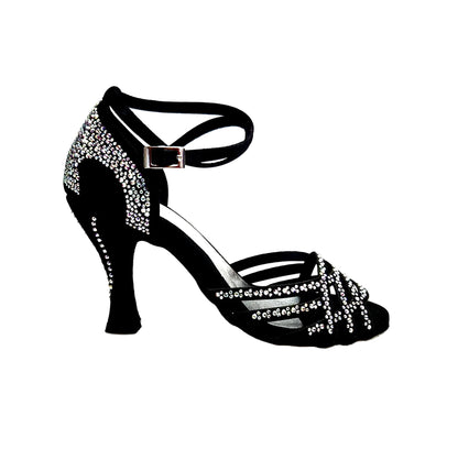 Scarpe da ballo Wish Dance Shop Anita QB Marea L143 in raso seta nero con Swarovski, cinturino incrociato e tacco a rocchetto.
