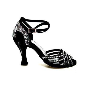 ANITA QB (Marea L143) - Scarpa Da Donna Linea Bi-Flex in Raso Seta Nero Con Swarovski Boreali Cinturino Incrociato alla Caviglia Tacco a Rocchetto