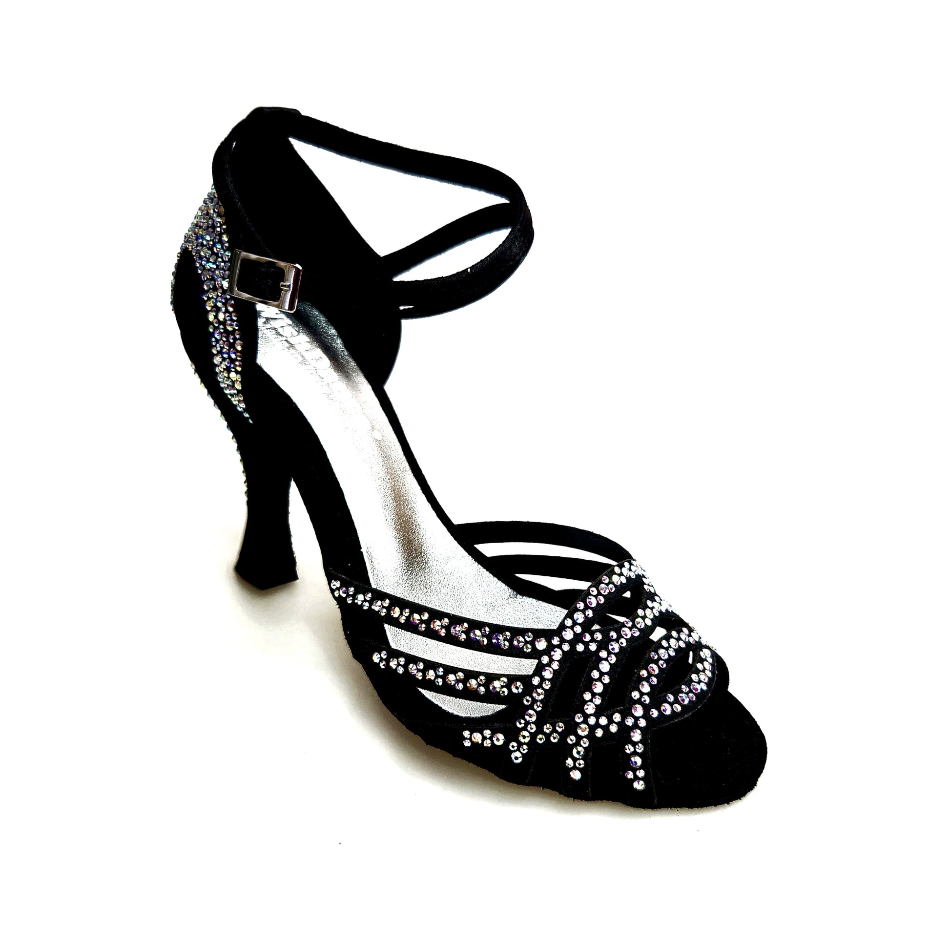 Scarpe da ballo Anita QB Wish Dance Shop in raso seta nero con Swarovski, cinturino incrociato e tacco a rocchetto.