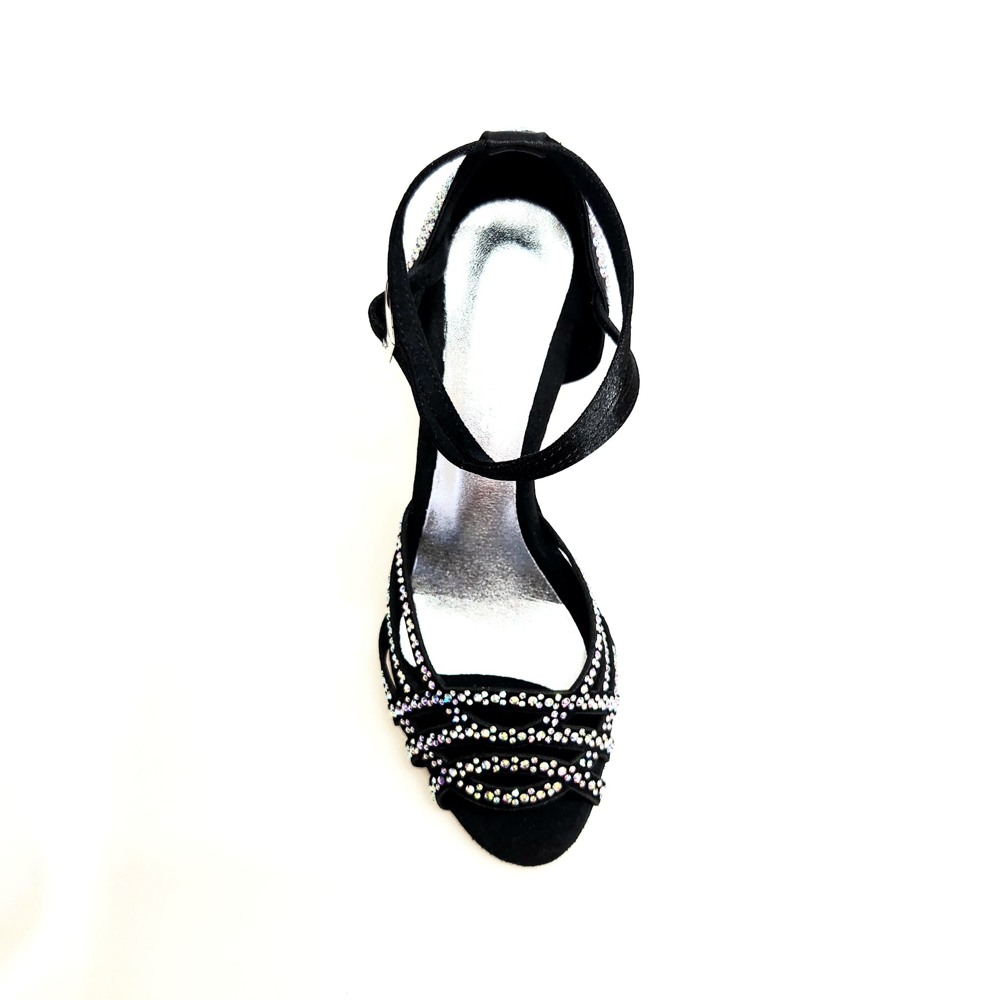 Scarpa da donna Wish Dance Shop ANITA QB Marea L143, scarpe da ballo in raso nero con Swarovski, cinturino incrociato e tacco a rocchetto