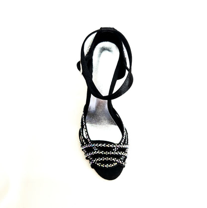 Scarpa da donna Wish Dance Shop ANITA QB Marea L143, scarpe da ballo in raso nero con Swarovski, cinturino incrociato e tacco a rocchetto