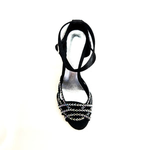 ANITA QB (Marea L143) - Scarpa Da Donna Linea Bi-Flex in Raso Seta Nero Con Swarovski Boreali Cinturino Incrociato alla Caviglia Tacco a Rocchetto