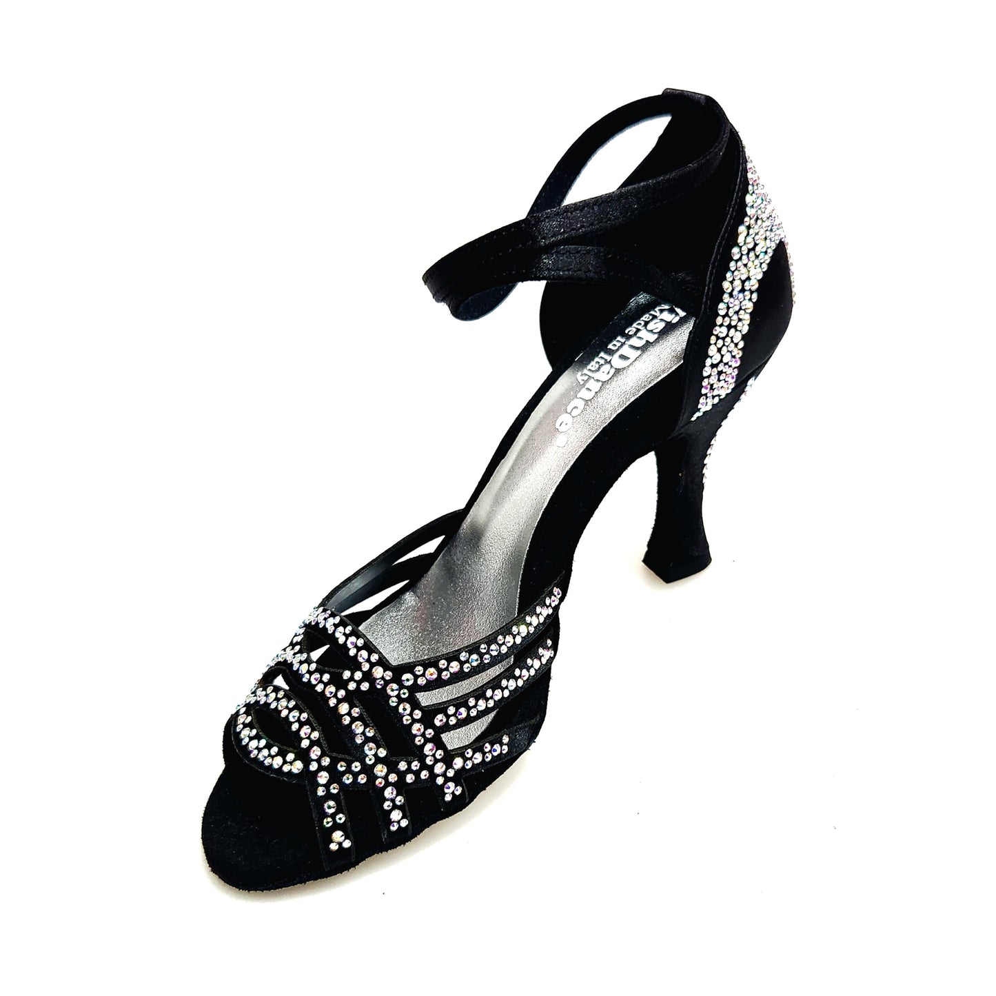 Scarpa da ballo Anita QB Wish Dance Shop in raso seta nero, con Swarovski, cinturino incrociato e tacco a rocchetto.