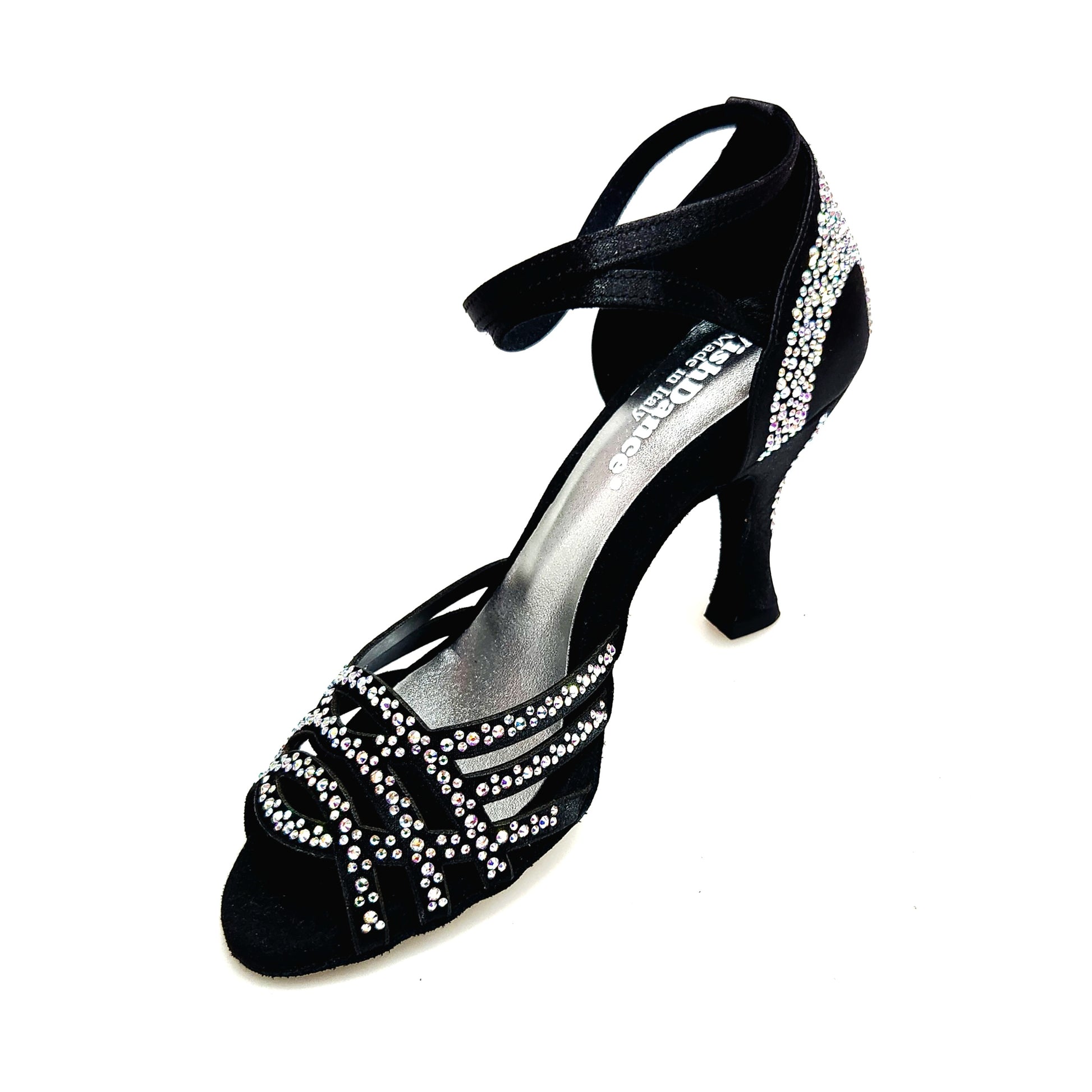 Scarpa da ballo Anita QB Wish Dance Shop in raso seta nero, con Swarovski, cinturino incrociato e tacco a rocchetto.
