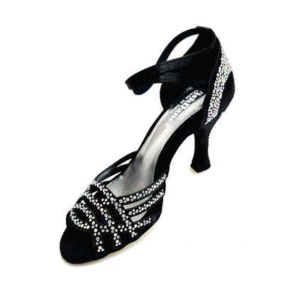Scarpa da ballo Anita QB Wish Dance Shop in raso seta nero, con Swarovski, cinturino incrociato e tacco a rocchetto.