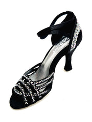 Carica immagine nella Galleria, ANITA QB (Marea L143) - Scarpa Da Donna Linea Bi-Flex in Raso Seta Nero Con Swarovski Boreali Cinturino Incrociato alla Caviglia Tacco a Rocchetto
