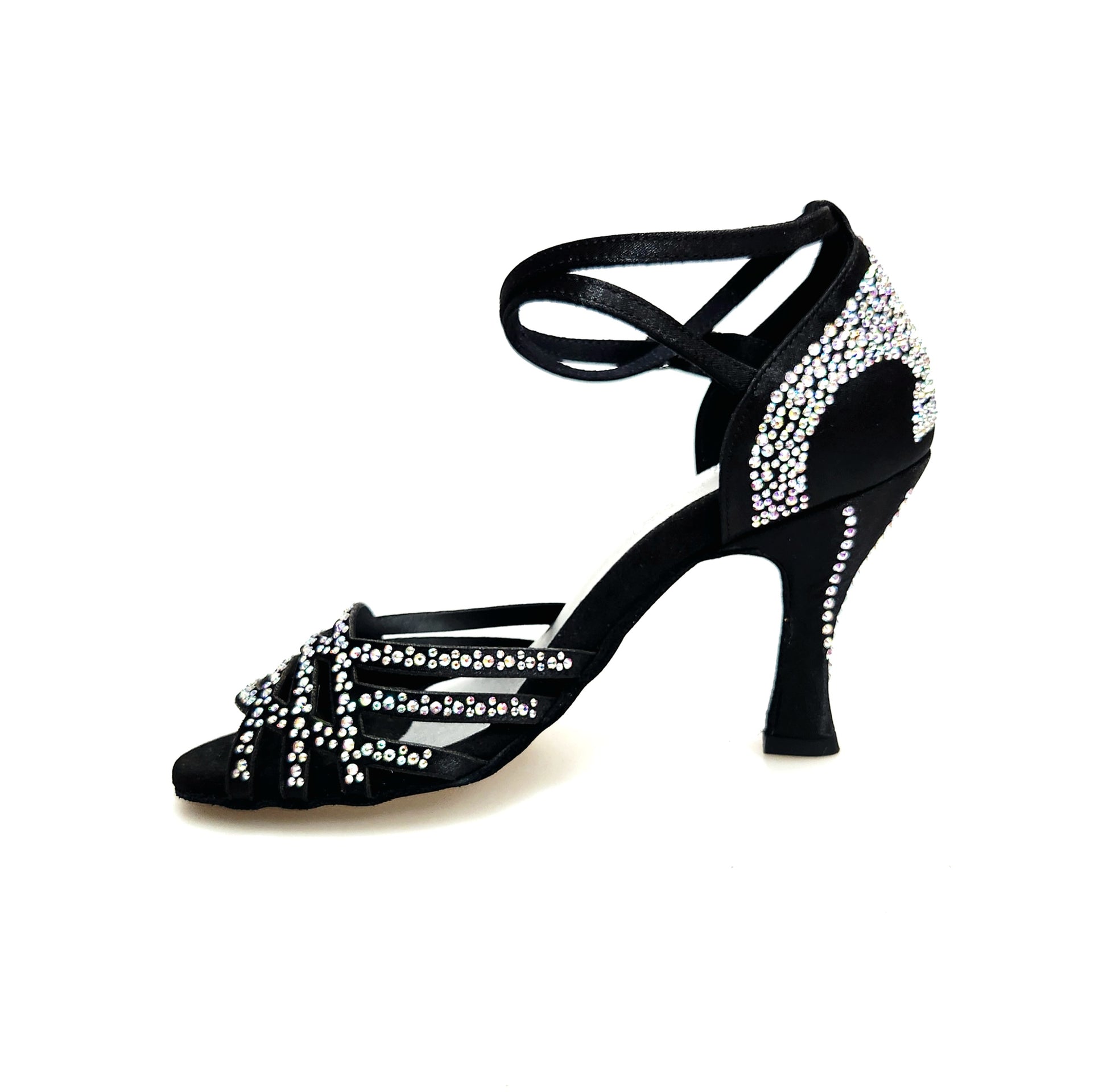 Scarpa da donna Wish Dance Shop ANITA QB Marea L143 in raso seta nero con Swarovski, cinturino incrociato e tacco a rocchetto.