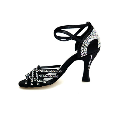 Scarpa da donna Wish Dance Shop ANITA QB Marea L143 in raso seta nero con Swarovski, cinturino incrociato e tacco a rocchetto.