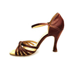 Load image into Gallery viewer, Ginevra/6 (T109) - Scarpa da Donna Bi-Flex con Nodino sei fascette in Raso Seta Bronzo Tan e Tacco Rocchetto Tondo
