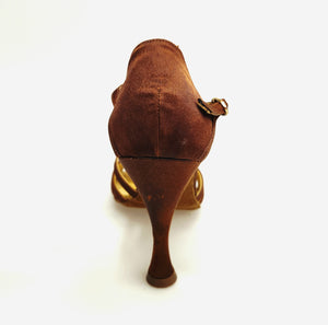 Ginevra/6 (T109) - Scarpa da Donna Bi-Flex con Nodino sei fascette in Raso Seta Bronzo Tan e Tacco Rocchetto Tondo