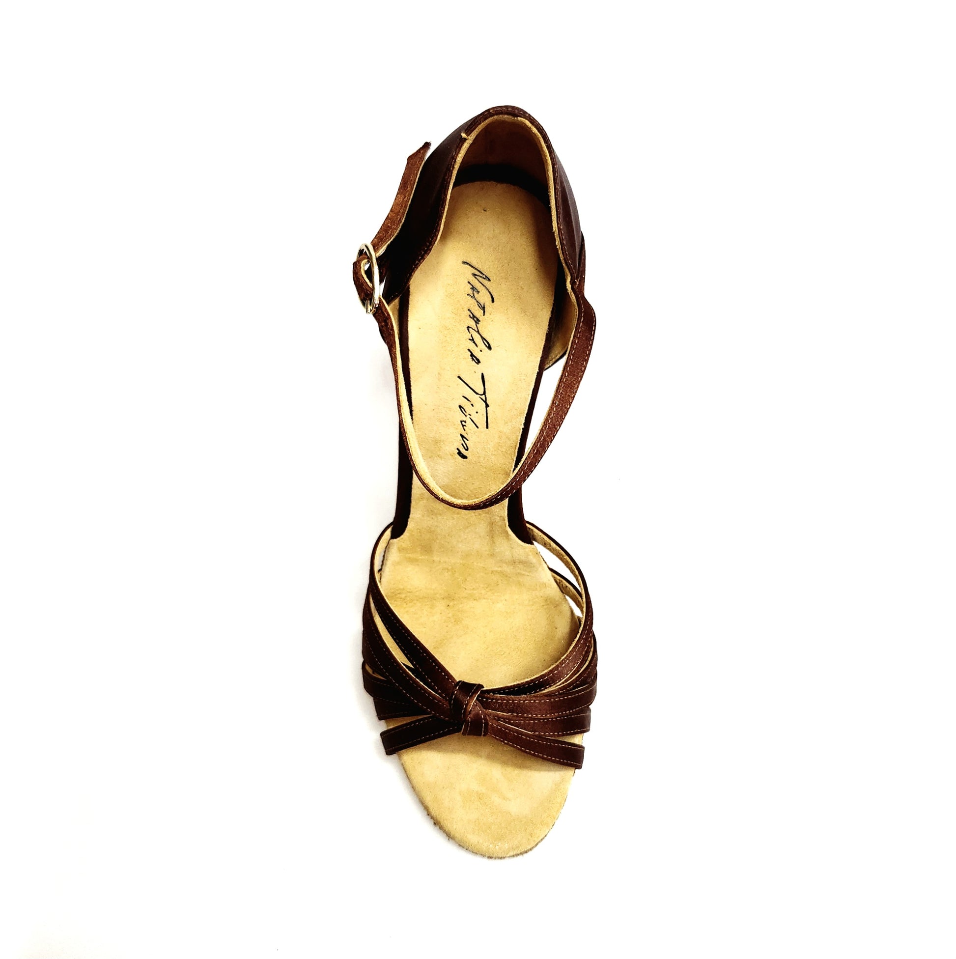 Scarpa da donna Wish Dance Shop Ginevra/6 con nodino, fascette in raso seta bronzo tan e tacco rocchetto tondo.