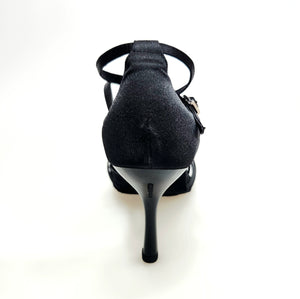 Pepa (210/6) - Scarpa da Ballo Basica da Donna con Nodino in Raso Seta Nero Tacco a Stiletto Smaltato Nero con 6 Fascette Rivestite in Camoscio