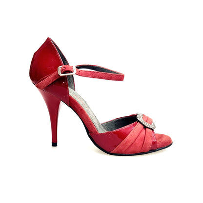 Sandalo donna Wish Dance Gilda SW F.626 in pelle di vernice rossa, camoscio rosso, con gioiello Swarovski e tacco a spillo rosso