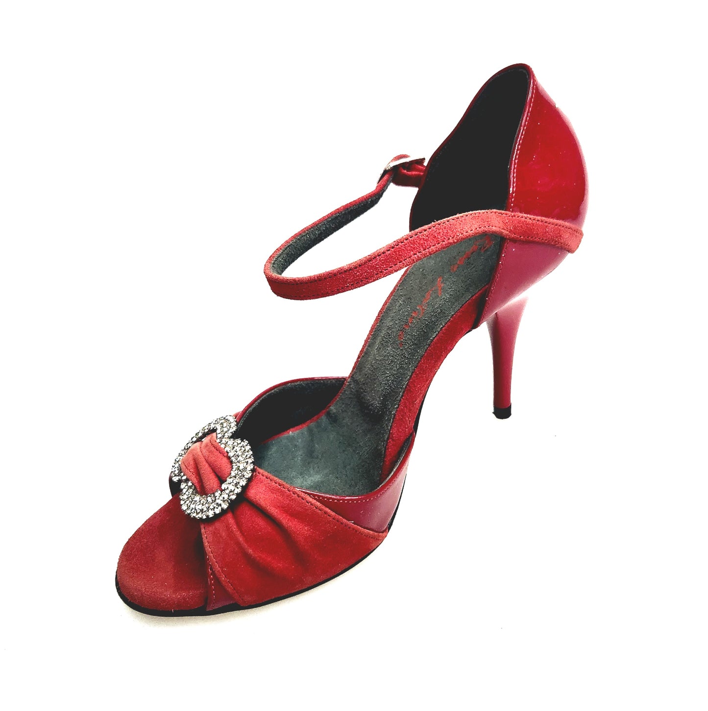 Sandalo donna Wish Dance Gilda SW F.626 in pelle di vernice rossa e camoscio con gioiello Swarovski, tacco a spillo smaltato rosso