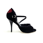 Load image into Gallery viewer, LUNA Plus Black Cuore SW Red  F.3407 (R.L. by WISH DANCE) - Sandalo da donna in camoscio nero Rouche di Tulle arricciato e Cuore di Swarovski Rosso con Tacco a Spillo Smaltato nero
