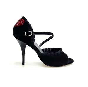 Luna Plus Black Cuore SW Red  F.3407 (R.L. by WISH DANCE) - Sandalo da donna in camoscio nero Rouche di Tulle arricciato e Cuore di Swarovski Rosso con Tacco a Spillo Smaltato nero