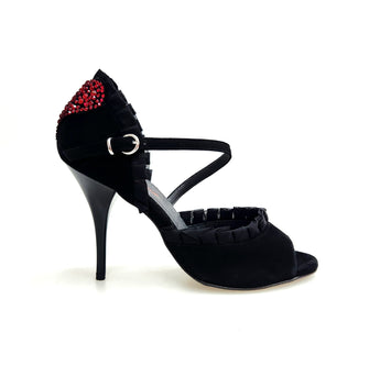 Luna Plus Black Cuore SW Red  F.3407 (R.L. by WISH DANCE) - Sandalo da donna in camoscio nero Rouche di Tulle arricciato e Cuore di Swarovski Rosso con Tacco a Spillo Smaltato nero