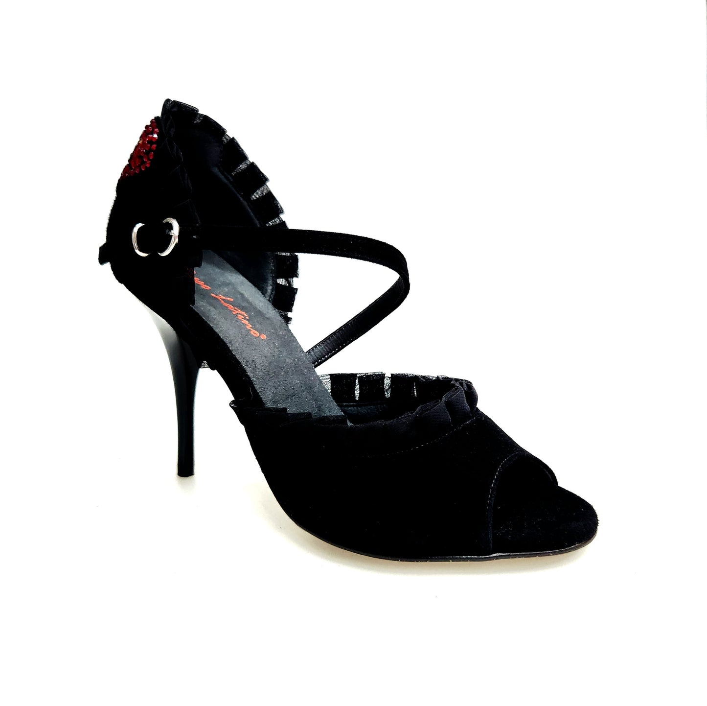 Sandalo donna Luna Plus Black Cuore SW Red di Wish Dance, camoscio nero, tulle arricciato e cuore Swarovski rosso con tacco a spillo nero.