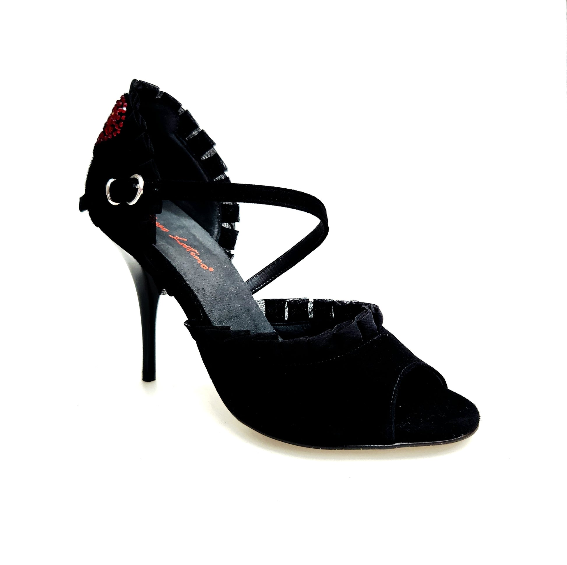 Sandalo donna Luna Plus Black Cuore SW Red di Wish Dance, camoscio nero, tulle arricciato e cuore Swarovski rosso con tacco a spillo nero.