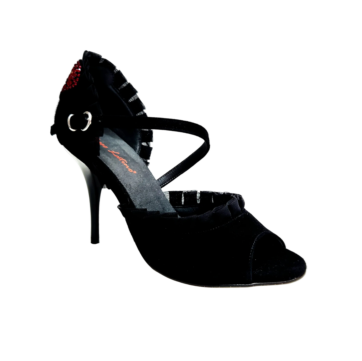 DIANA LUNA/C Plus Black Cuore SW Red  F.3407 (R.L. by WISH DANCE) - Sandalo Esclusivo donna in camoscio nero Rouche di Tulle arricciato e Cuore di Swarovski Rosso con Tacco a Spillo Smaltato nero