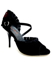 Load image into Gallery viewer, LUNA Plus Black Cuore SW Red  F.3407 (R.L. by WISH DANCE) - Sandalo da donna in camoscio nero Rouche di Tulle arricciato e Cuore di Swarovski Rosso con Tacco a Spillo Smaltato nero
