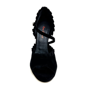 Luna Plus Black Cuore SW Red  F.3407 (R.L. by WISH DANCE) - Sandalo da donna in camoscio nero Rouche di Tulle arricciato e Cuore di Swarovski Rosso con Tacco a Spillo Smaltato nero