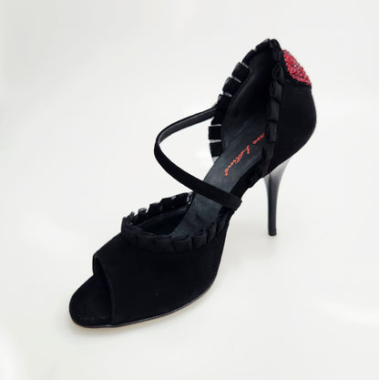 Sandalo donna Wish Dance Luna Plus Black Cuore SW Rosso con tacco a spillo, camoscio nero, Rouche di tulle e cuore Swarovski rosso