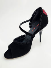 Load image into Gallery viewer, LUNA Plus Black Cuore SW Red  F.3407 (R.L. by WISH DANCE) - Sandalo da donna in camoscio nero Rouche di Tulle arricciato e Cuore di Swarovski Rosso con Tacco a Spillo Smaltato nero
