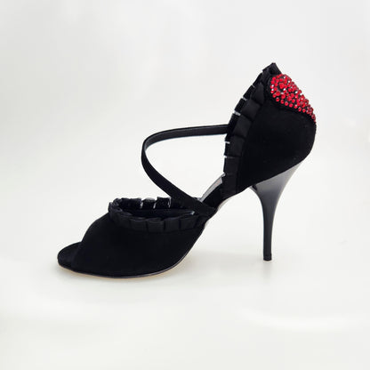 Sandalo donna Wish Dance LUNA Plus Black Cuore SW Red con tacco a spillo, camoscio nero, rouche di tulle e cuore Swarovski rosso