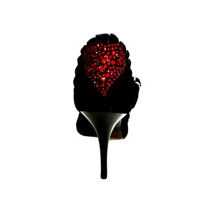 Sandalo da donna Wish Dance LUNA Plus Black Cuore SW Red in camoscio nero, tacco a spillo e cuore di Swarovski rosso.
