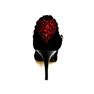 Luna Plus Black Cuore SW Red  F.3407 (R.L. by WISH DANCE) - Sandalo da donna in camoscio nero Rouche di Tulle arricciato e Cuore di Swarovski Rosso con Tacco a Spillo Smaltato nero