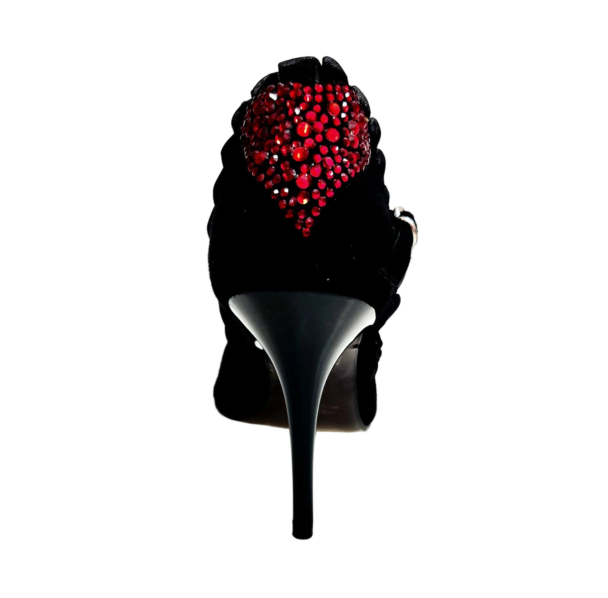 Sandalo donna Luna Plus Black Cuore SW Red di Wish Dance con tacco a spillo, camoscio nero, rouche di tulle e cuore Swarovski rosso
