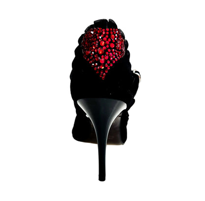 Sandalo donna Luna Plus Black Cuore SW Red di Wish Dance con tacco a spillo, camoscio nero, rouche di tulle e cuore Swarovski rosso