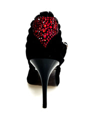 Load image into Gallery viewer, LUNA Plus Black Cuore SW Red  F.3407 (R.L. by WISH DANCE) - Sandalo da donna in camoscio nero Rouche di Tulle arricciato e Cuore di Swarovski Rosso con Tacco a Spillo Smaltato nero
