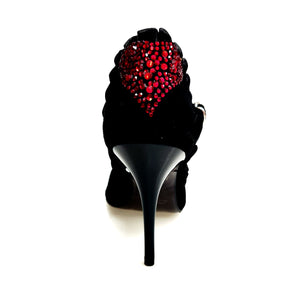 Luna Plus Black Cuore SW Red  F.3407 (R.L. by WISH DANCE) - Sandalo da donna in camoscio nero Rouche di Tulle arricciato e Cuore di Swarovski Rosso con Tacco a Spillo Smaltato nero