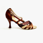 Load image into Gallery viewer, GISELLA (R.L. T116 By WISH DANCE ) -  Sandalo da Donna in Raso Seta Bronzo Dark Strisce sulla Pianta in Raso Seta Bronzo Dark e Fascia in mini Pillettes Color Bronzo abbinato con Tacco a Rocchetto Tondo Smaltato Ceramica Bronzo
