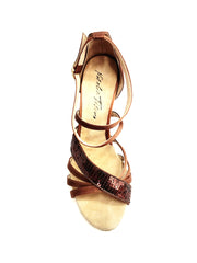 Load image into Gallery viewer, GISELLA (R.L. T116 By WISH DANCE ) -  Sandalo da Donna in Raso Seta Bronzo Dark Strisce sulla Pianta in Raso Seta Bronzo Dark e Fascia in mini Pillettes Color Bronzo abbinato con Tacco a Rocchetto Tondo Smaltato Ceramica Bronzo
