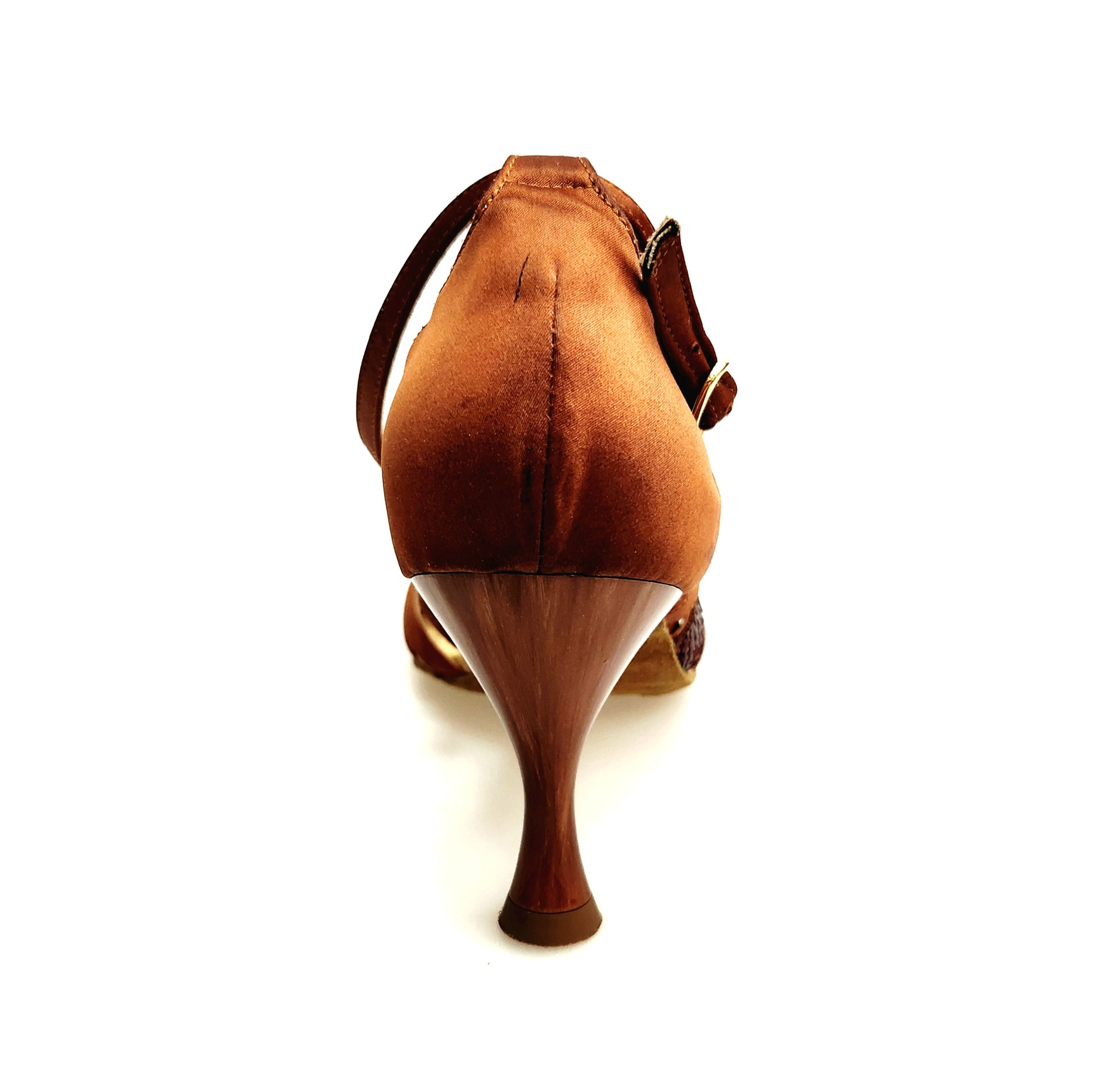 Sandalo donna GISELLA Wish Dance in raso seta bronzo scuro con strisce e fascia di paillettes bronzo, tacco rocchetto smaltato in ceramica.