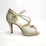 Carica immagine nella Galleria, Brenda Jadore (485 PLT) - Scarpa in Glitter Light Oro Platino Doppio Cinturino Caviglie e Collopiede con Tacco Basso a spillo largo Rivestito Glitter Oro Platino  e Plateau
