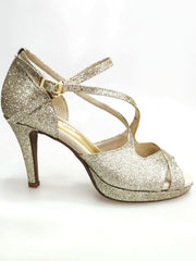 Carica immagine nella Galleria, Brenda Jadore (485 PLT) - Scarpa in Glitter Light Oro Platino Doppio Cinturino Caviglie e Collopiede con Tacco Basso a spillo largo Rivestito Glitter Oro Platino  e Plateau
