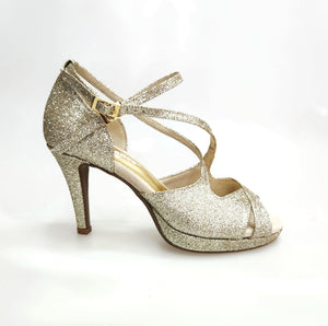 Brenda Jadore (485 PLT) - Scarpa in Glitter Light Oro Platino Doppio Cinturino Caviglie e Collopiede con Tacco Basso a spillo largo Rivestito Glitter Oro Platino  e Plateau
