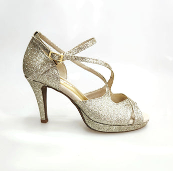 Brenda Jadore (485 PLT) - Scarpa in Glitter Light Oro Platino Doppio Cinturino Caviglie e Collopiede con Tacco Basso a spillo largo Rivestito Glitter Oro Platino  e Plateau