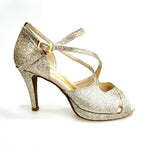 Carica immagine nella Galleria, Brenda Jadore (485 PLT) - Scarpa in Glitter Light Oro Platino Doppio Cinturino Caviglie e Collopiede con Tacco Basso a spillo largo Rivestito Glitter Oro Platino  e Plateau
