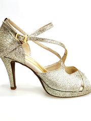 Carica immagine nella Galleria, Brenda Jadore (485 PLT) - Scarpa in Glitter Light Oro Platino Doppio Cinturino Caviglie e Collopiede con Tacco Basso a spillo largo Rivestito Glitter Oro Platino  e Plateau
