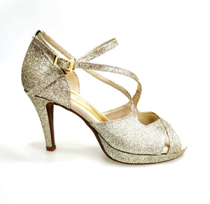 Brenda Jadore (485 PLT) - Scarpa in Glitter Light Oro Platino Doppio Cinturino Caviglie e Collopiede con Tacco Basso a spillo largo Rivestito Glitter Oro Platino  e Plateau