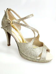 Carica immagine nella Galleria, Brenda Jadore (485 PLT) - Scarpa in Glitter Light Oro Platino Doppio Cinturino Caviglie e Collopiede con Tacco Basso a spillo largo Rivestito Glitter Oro Platino  e Plateau
