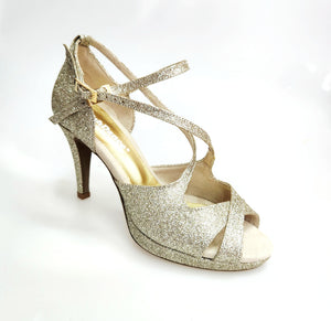 Brenda Jadore (485 PLT) - Scarpa in Glitter Light Oro Platino Doppio Cinturino Caviglie e Collopiede con Tacco Basso a spillo largo Rivestito Glitter Oro Platino  e Plateau