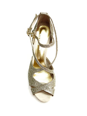 Carica immagine nella Galleria, Brenda Jadore (485 PLT) - Scarpa in Glitter Light Oro Platino Doppio Cinturino Caviglie e Collopiede con Tacco Basso a spillo largo Rivestito Glitter Oro Platino  e Plateau
