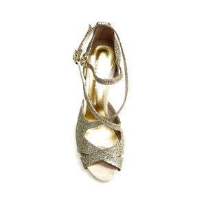 Brenda Jadore (485 PLT) - Scarpa in Glitter Light Oro Platino Doppio Cinturino Caviglie e Collopiede con Tacco Basso a spillo largo Rivestito Glitter Oro Platino  e Plateau